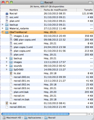 La estructura de archivos de mi carpeta &amp;quot;RocRail&amp;quot; ubicada dentro de &amp;quot;Applications&amp;quot;